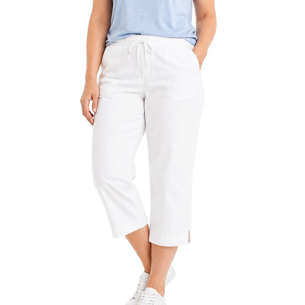 L.L. Bean Sunwashed Canvas Crop Pants 24W White Elastic Waist Plus Size NWT